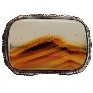 Sterling Silver Banded Landscape Agate Brooch Scenic Natural Stone Pin Scallop